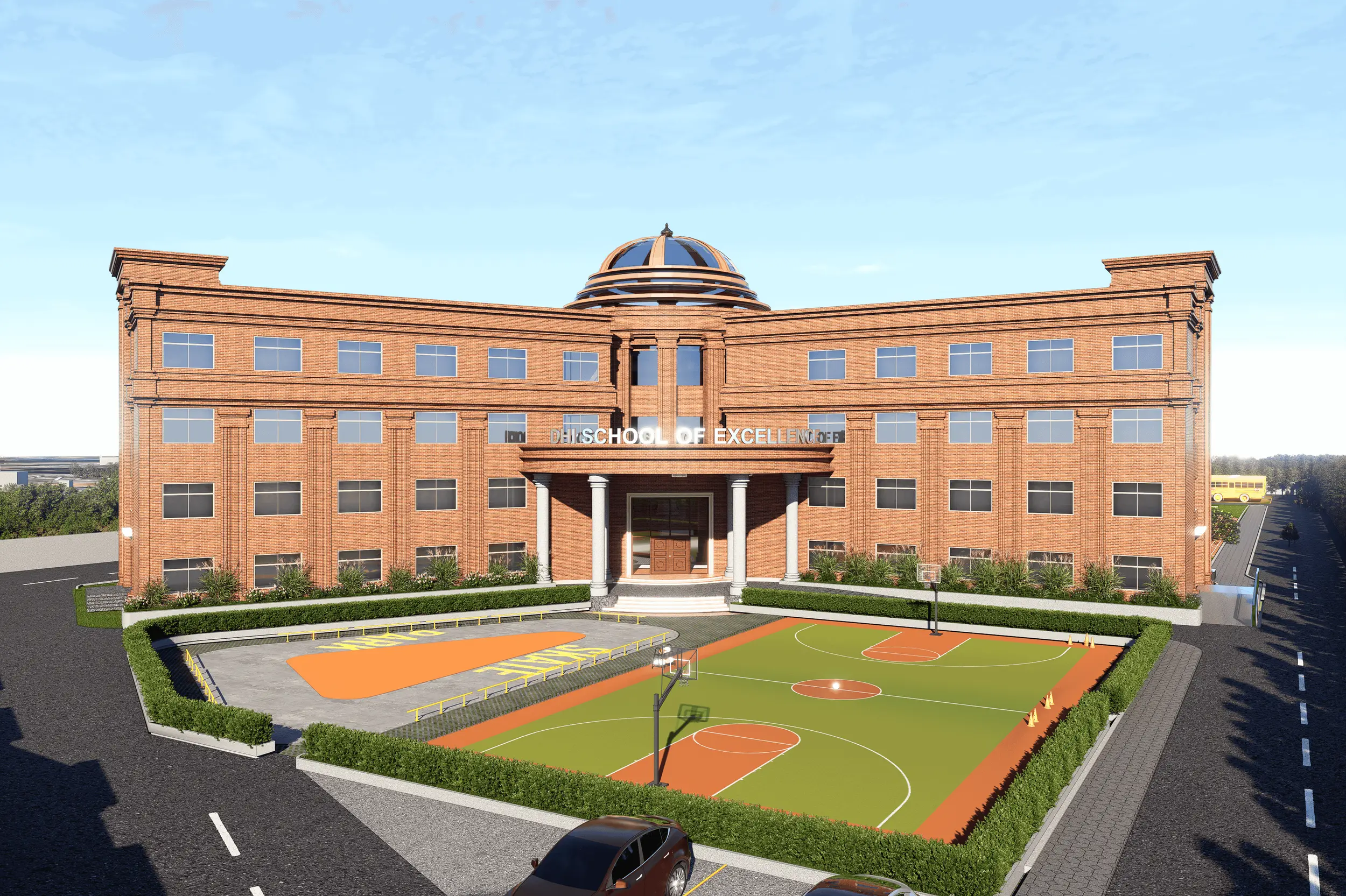 A large, three-story brick school building labeled