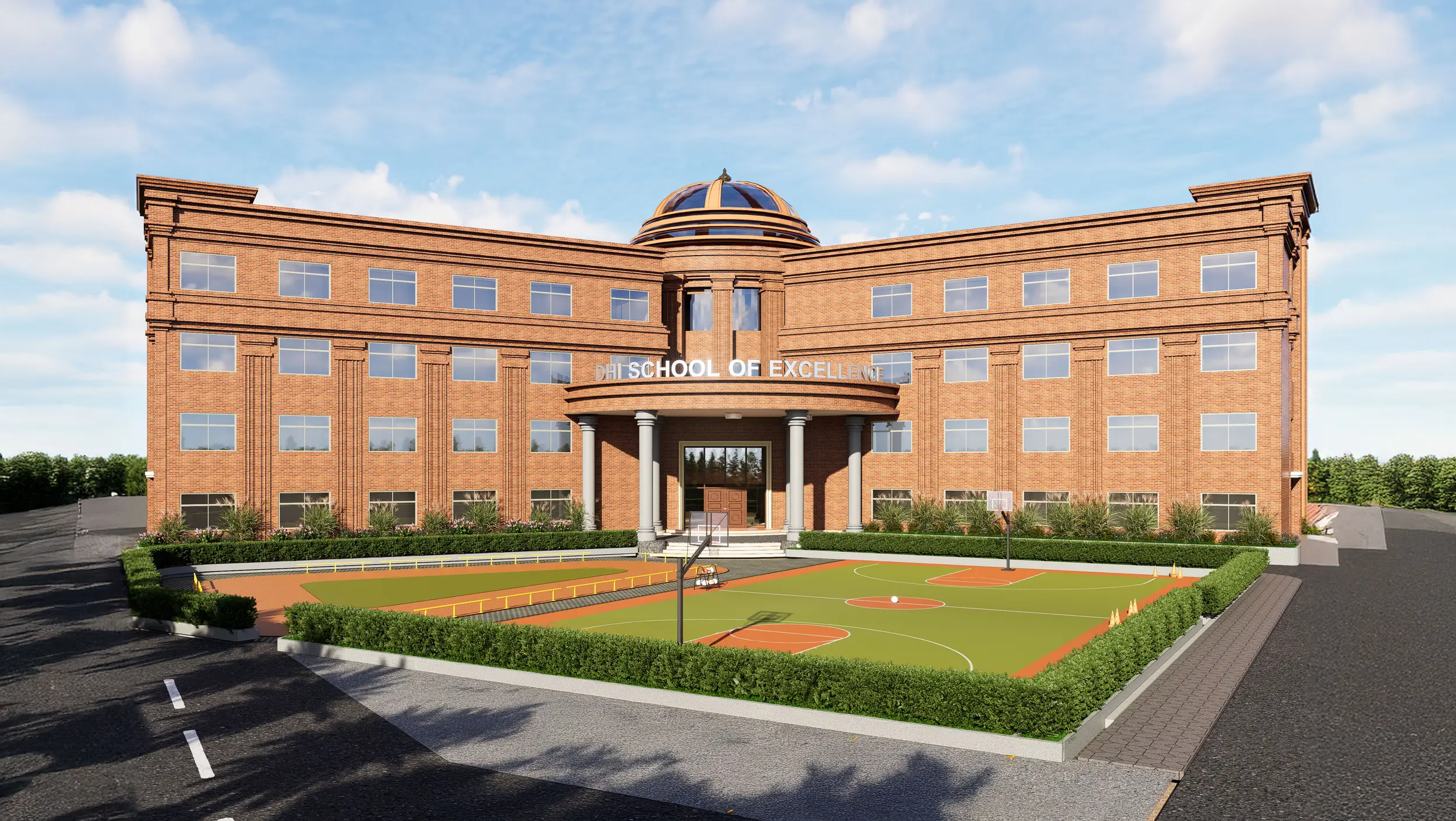 A large, three-story brick school building labeled 